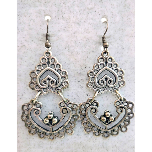 Handmade in Israel Pewter Style Large Dangle Earrings Silver Tone - Picture 2 of 6